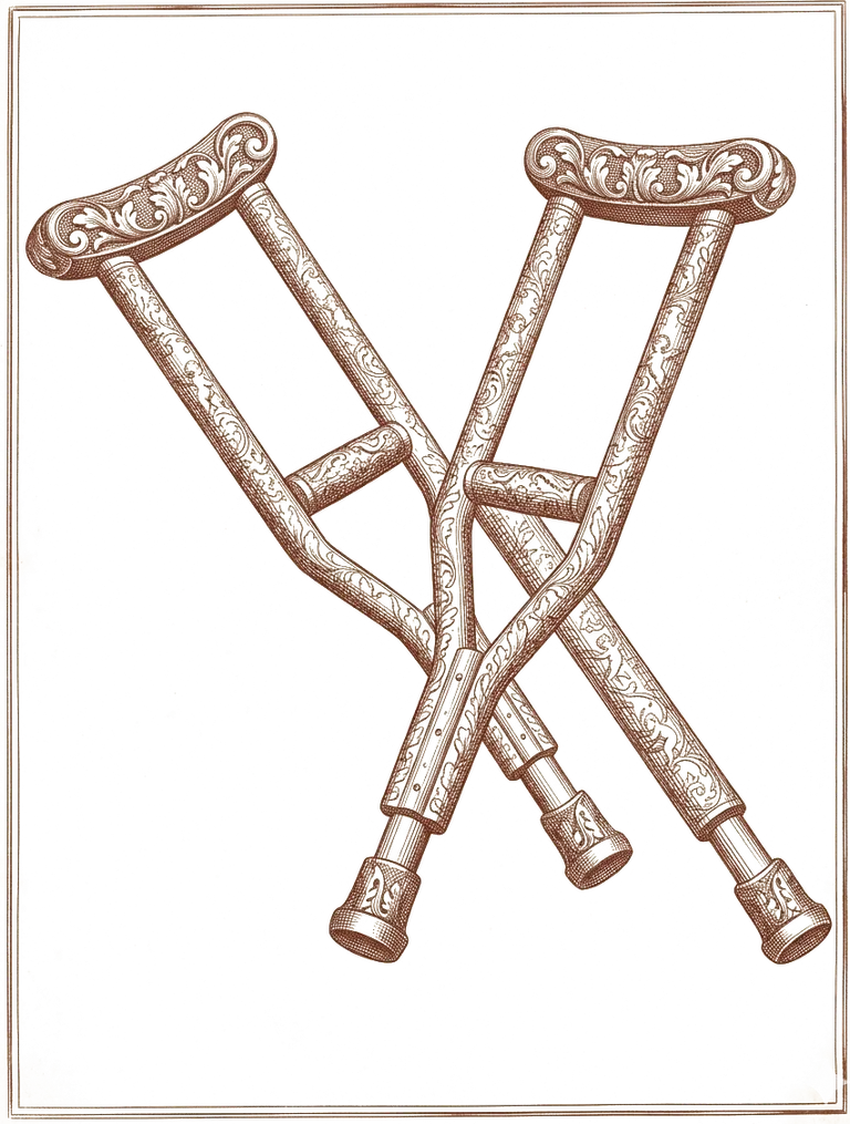Illustration gravure XVIIIe — paire de béquilles symboles de la réparation du préjudice corporel